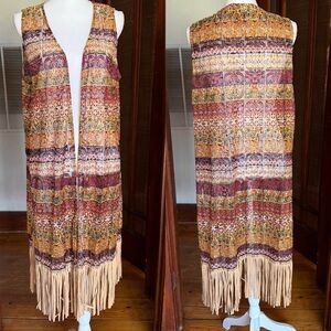 Multiples Boho Festival Sleeveless Duster Vest Faux Suede Fringe Hippie Size L
